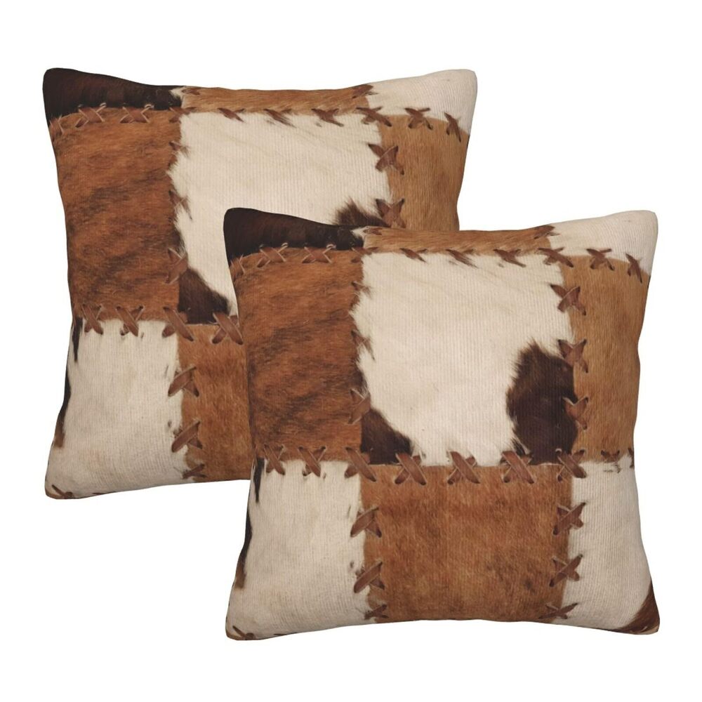 9898 Cow Fur Patchworks Throw Pillow Covers 18 X 18 Inch Set of 2 Pillow